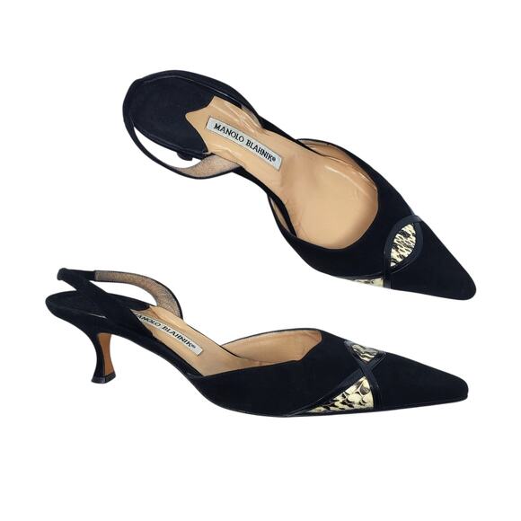 Vintage Manolo Blahnik Suede Pointed Toe Slingback Kitten Heel Black Size 42 - Picture 2 of 10